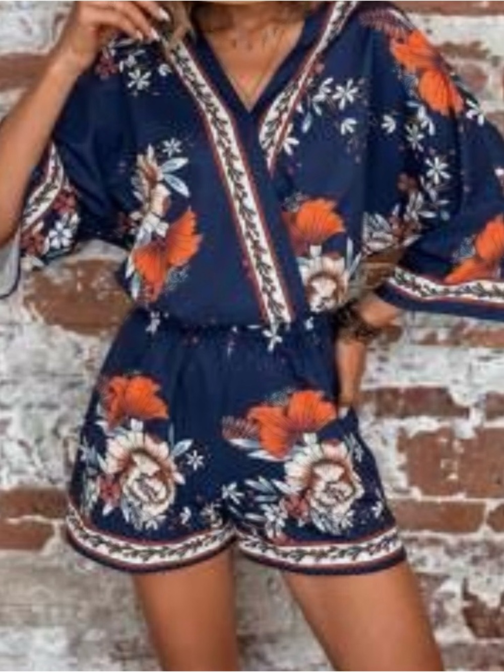 SHEIN Navy Floral V-Neck Short Sleeve Romper with Orange Blooms